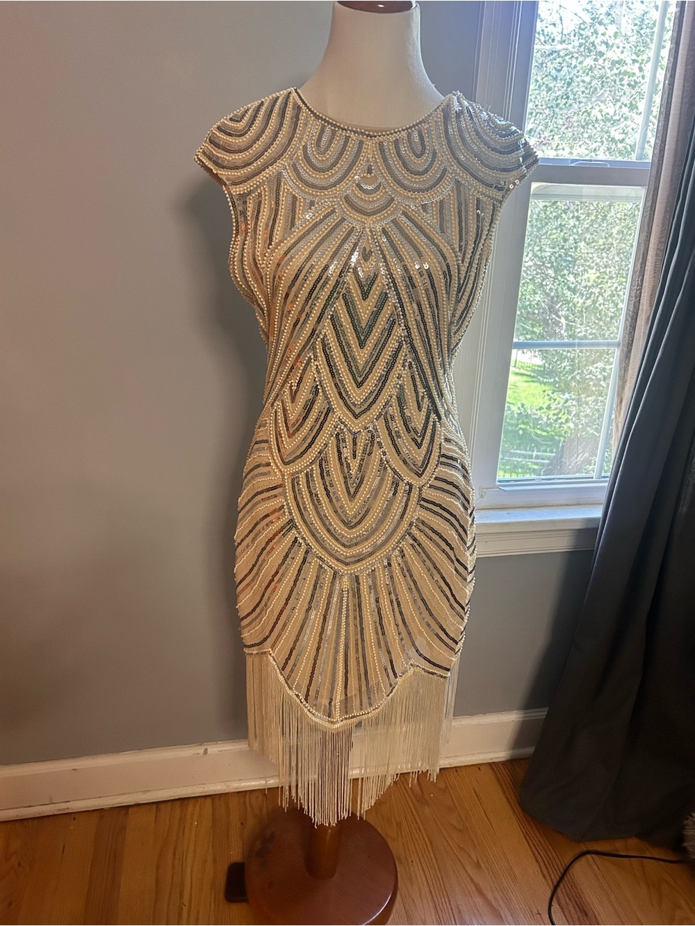 Beaded Fringe Flapper Dress in Ivory and Silver